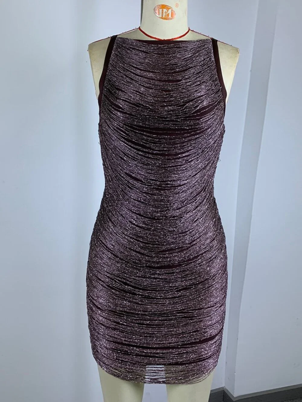 Brown Metallic Shimmer Fringe Sleeveless Boat Neck Cocktail Mini Dress